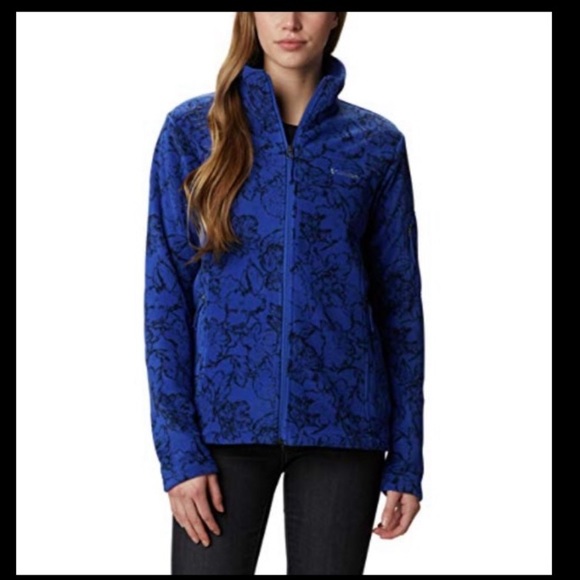 Womens COLUMBIA Fast Trek Blue & Black Floral Print Fleece Zip Up Jacket Sz M - Picture 2 of 16